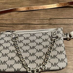 Michael Kors Monogram Wristlet/Belt Bag with Silver Chain